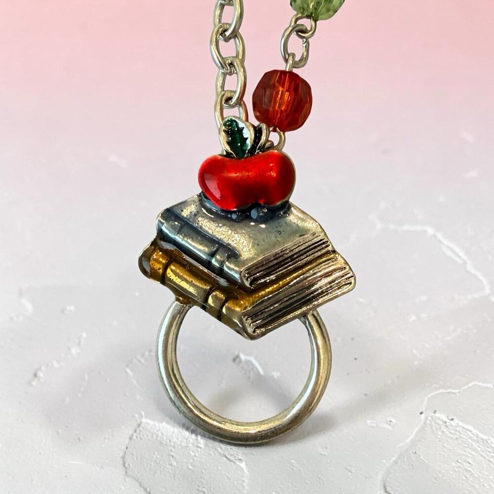Teacher’s ID Lanyard Holder Necklace Charm Book Apple Enamel silver tone 31”L